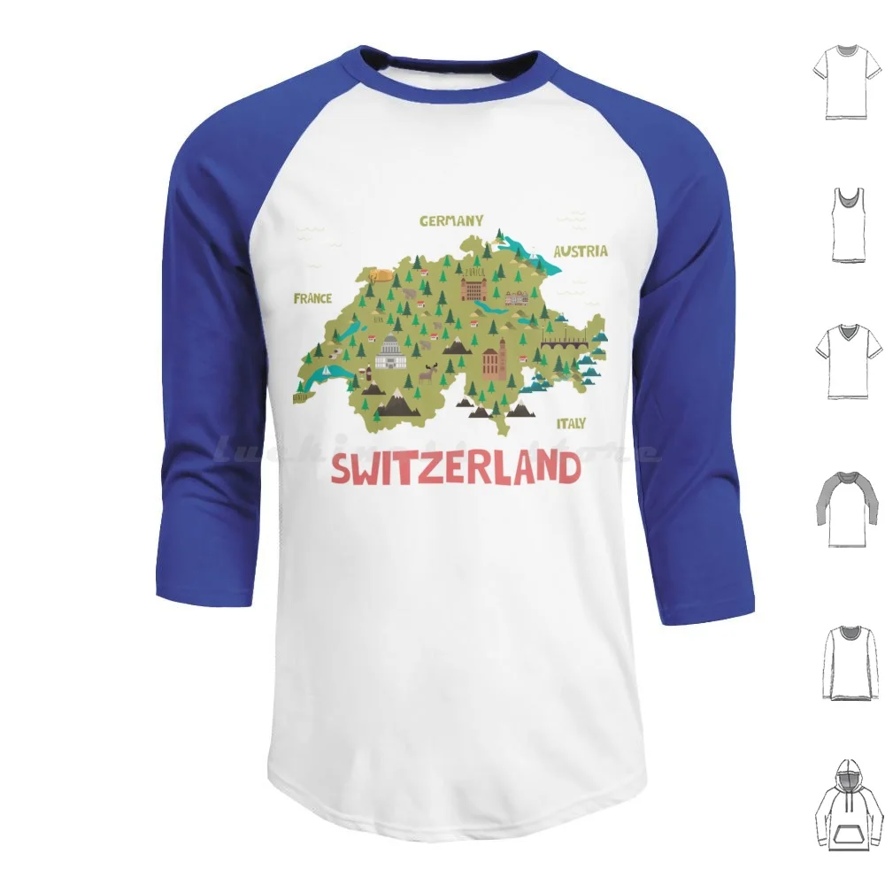 Switzerland Illustrated Map Hoodies Long Sleeve Switzerland Map Europe Flag Swiss Country European Alps Austria