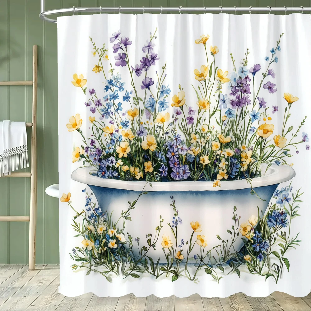 

Modern Creative Flowers and Plants bathtub shower curtain，Bathroom Decorative Bath Curtain, Waterproof Shower Curtain with Hook