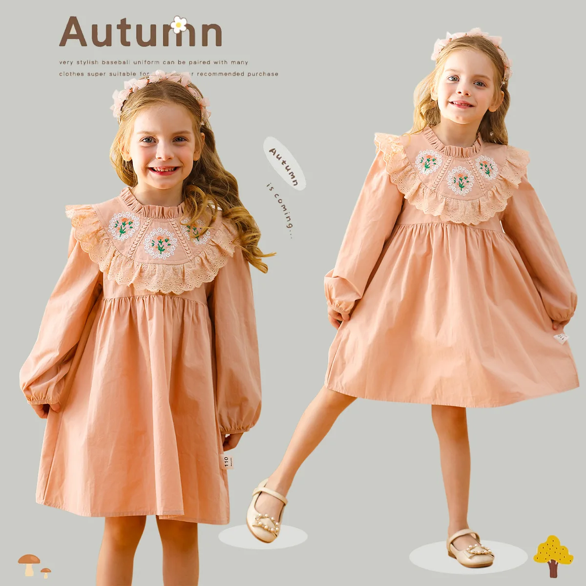 Children Clothes Mori Girls Vintage Flower Embroidery Stand Collar Dress 2024 Autumn Lotus Lace Sweet Princess Dress Long Sleeve