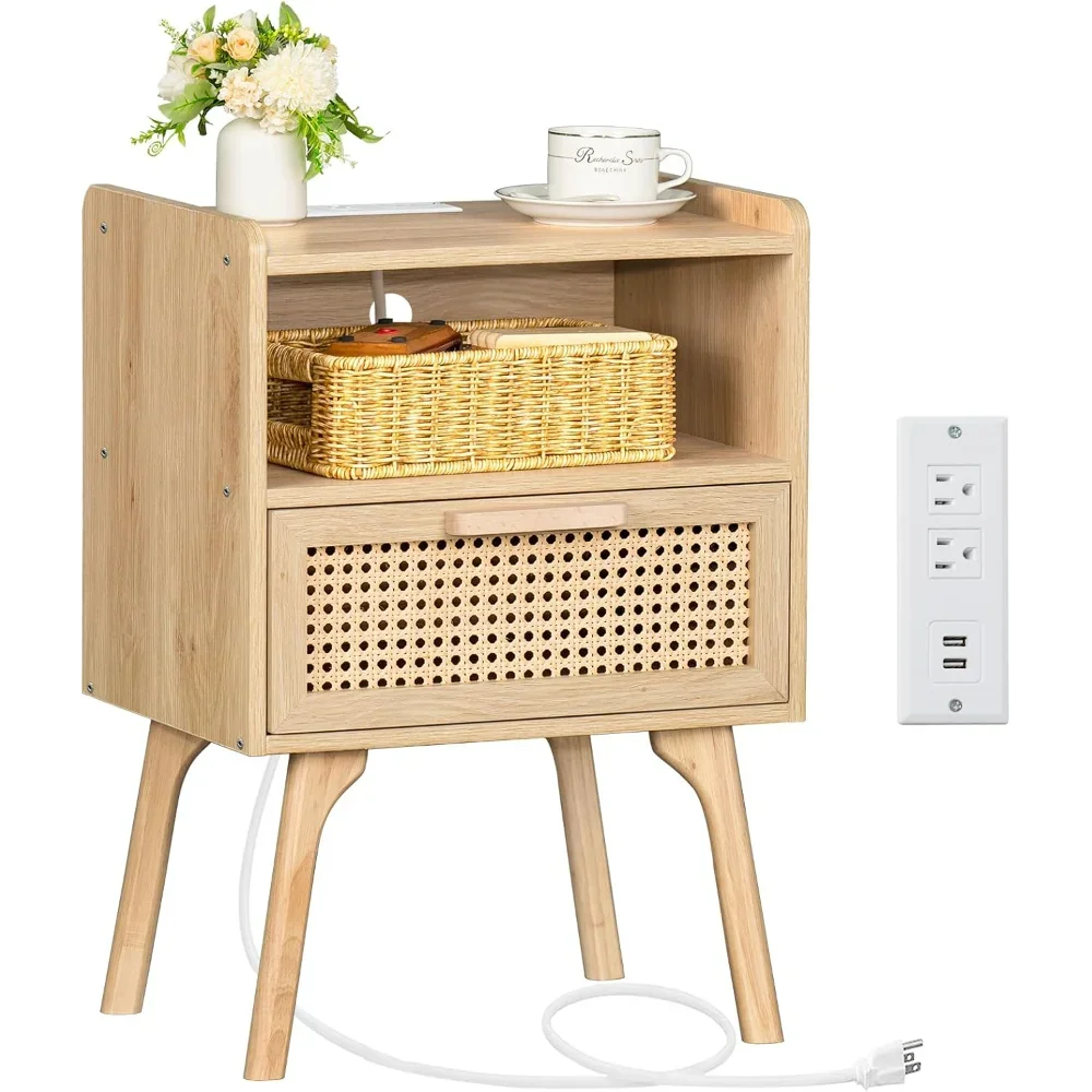 

Nightstand with Charging Station, Boho Side Table with Drawer Open Shelf, Cane Accent Bedside End Table