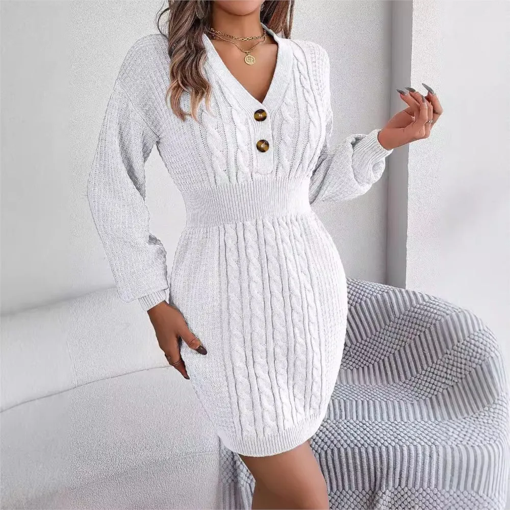 Autumn/Winter 2024 Button V-neck Fried Dough Twists Lantern Sleeve Buttocks Wool Dress Fashionable Elegant Women Pencil Dress