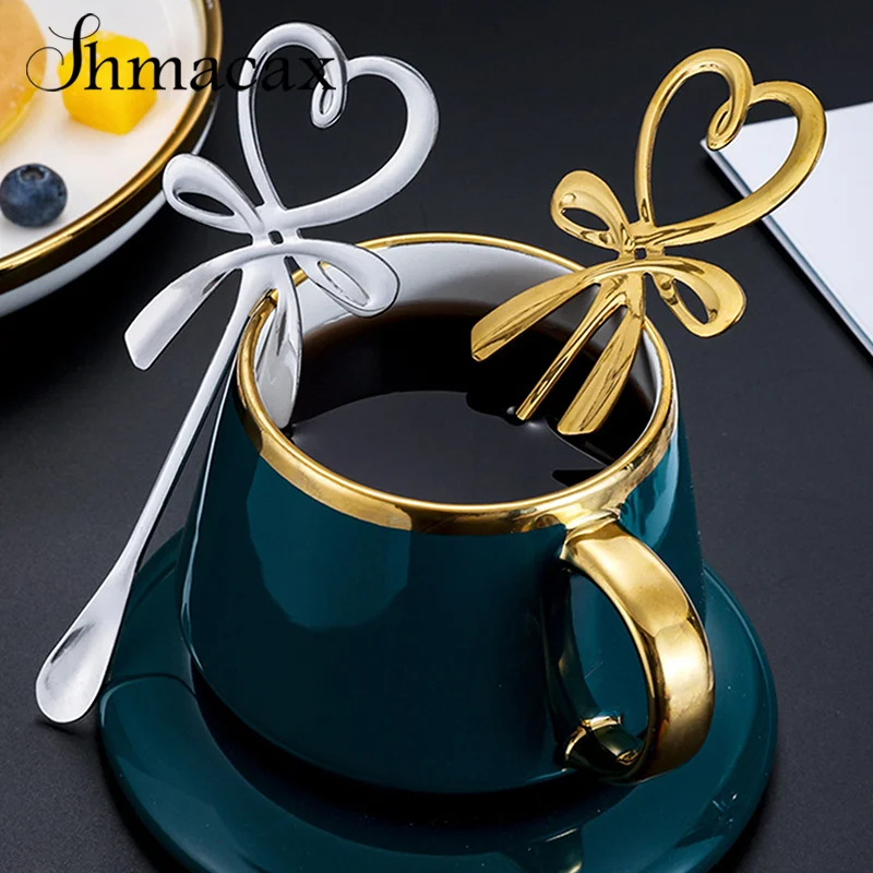 1pc High Quality 3D Bow Knot Heart Shaped Mini Coffee Spoon Tea Dessert Hanging Spoon Gold Silver Spoon Stainless Steel Flatware