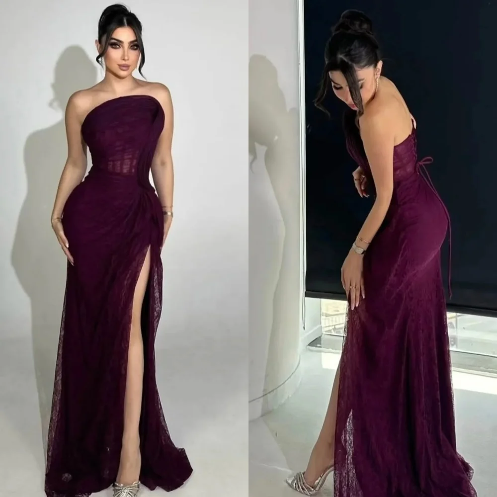 Abiti lunghi senza spalline a sirena con pieghe increspate in pizzo classico personalizzato di alta qualità Abiti per occasioni su misura Taglie disponibili Sexy