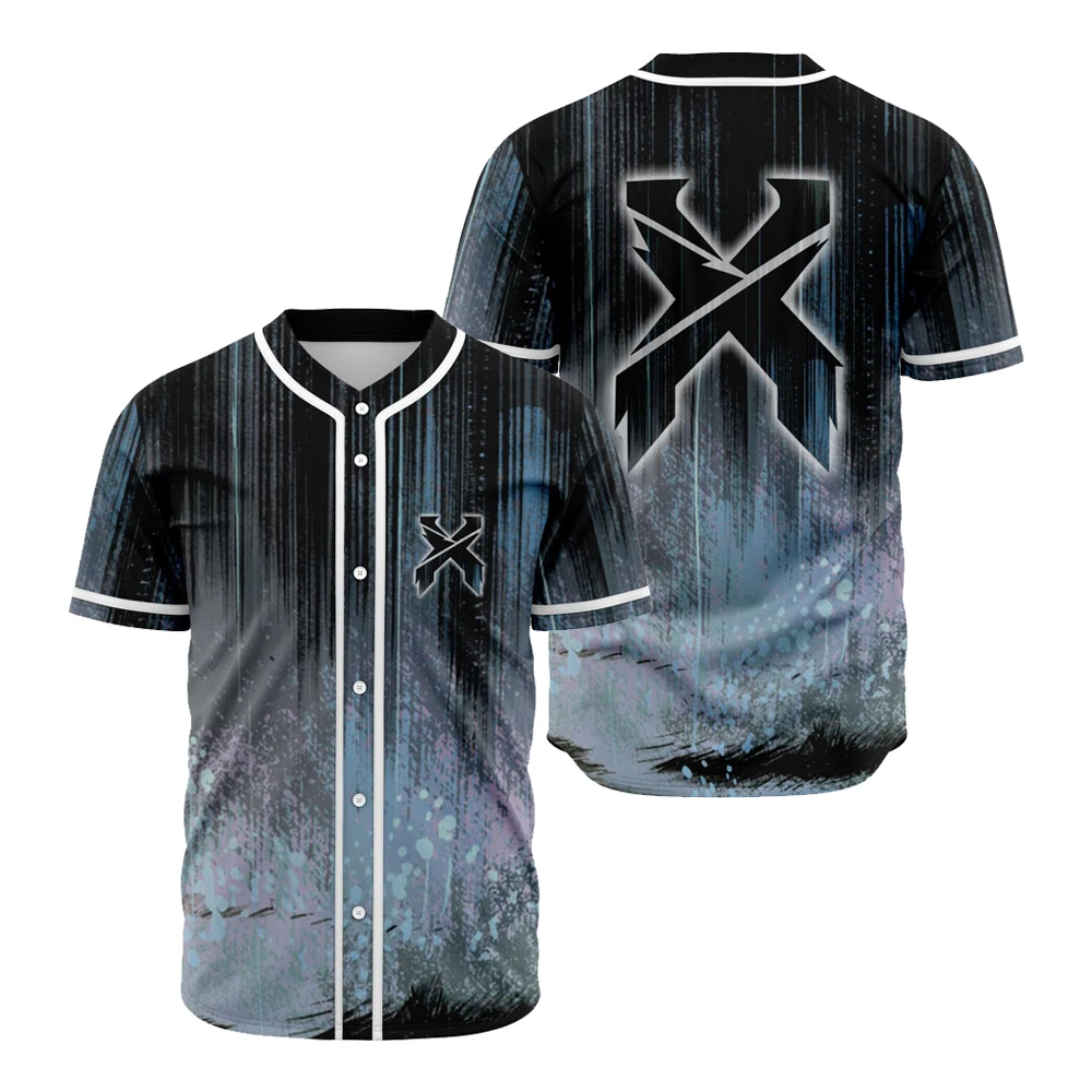 

Excision Grunge Blue Baseball Jersey V-Neck Short Sleeve Button-Down Shirts Women Men Streetwear Tops