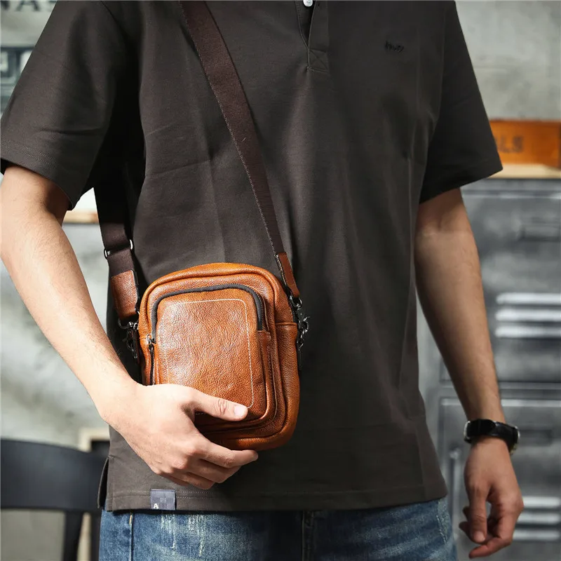 

Outdoor daily light genuine leather men's small phone bag simple weekend vintage luxury soft real cowhide teen mini shoulder bag