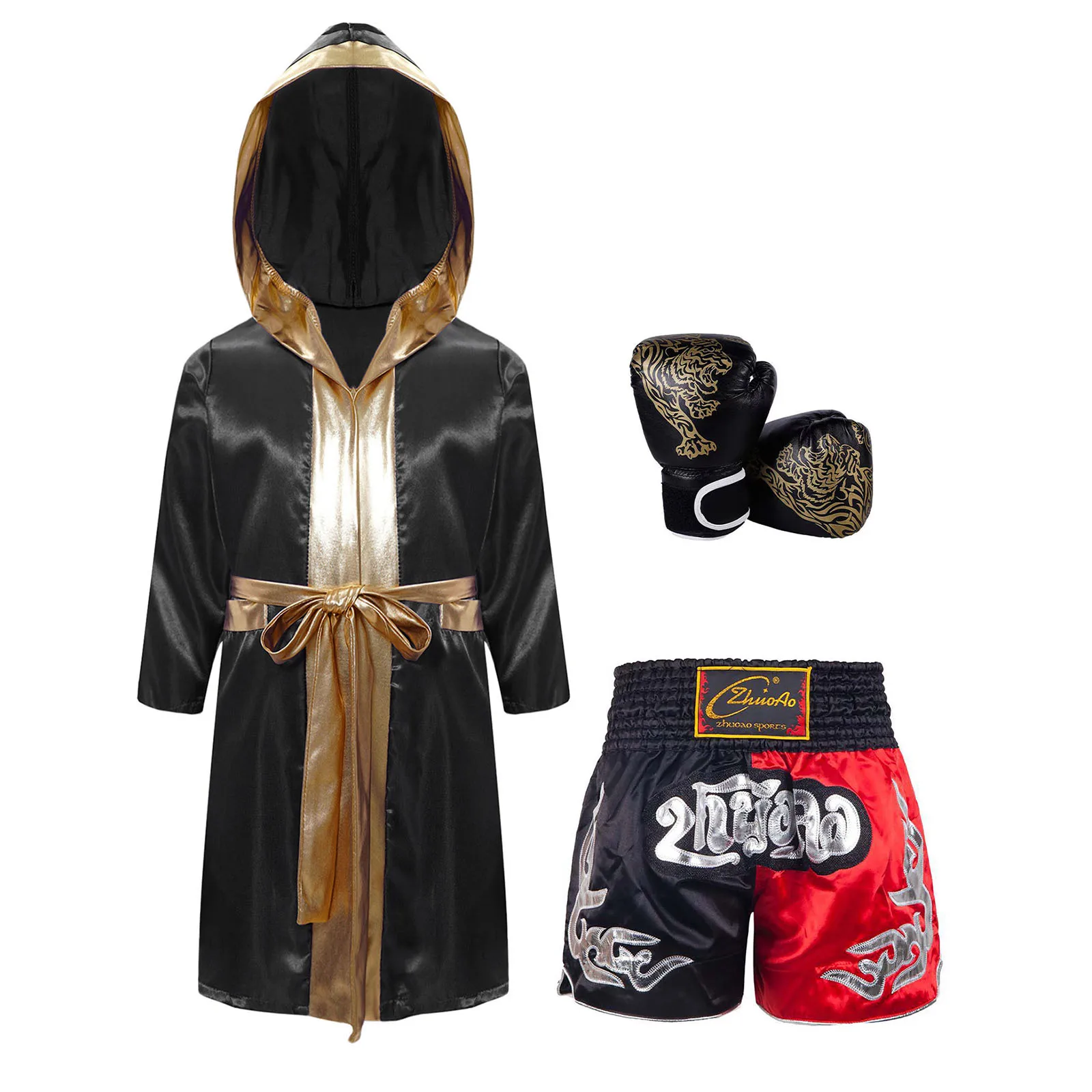 Boxing Competition Outfit Girls Boys Long Sleeve Hooded Cloak Robe with Belt And Elastic Waistband Shorts Gloves Boxing Set