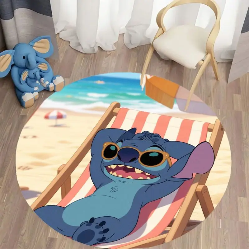 

1PC Stitch Beach Round Area Rug, Cute Cartoon Lilo & Stitch Indoor Outdoor Doormat, Non-Slip Polyester Carpet for Bedroom, Livin
