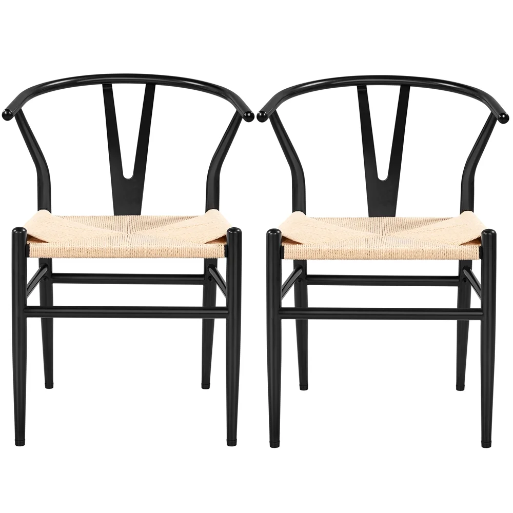 Alden Design Mid- Metal Dining Chairs With Woven Seat, Set Of 2, Black