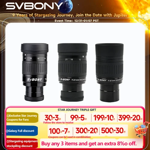 Svbony SV135 Ocular con zoom SVBONY SV135, ocular para telescopio de 7-21 mm y 1,25 pulgadas, accesorios para telescopio astronómico de 6 elementos y 4 grupos.