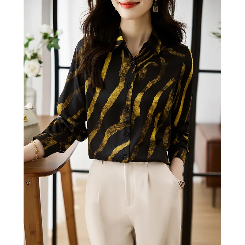 Women Clothes Golden Striped Printed Shirts Office Lady Vintage Fashion Elegant Blouses Spring Long Sleeve Top Tunics