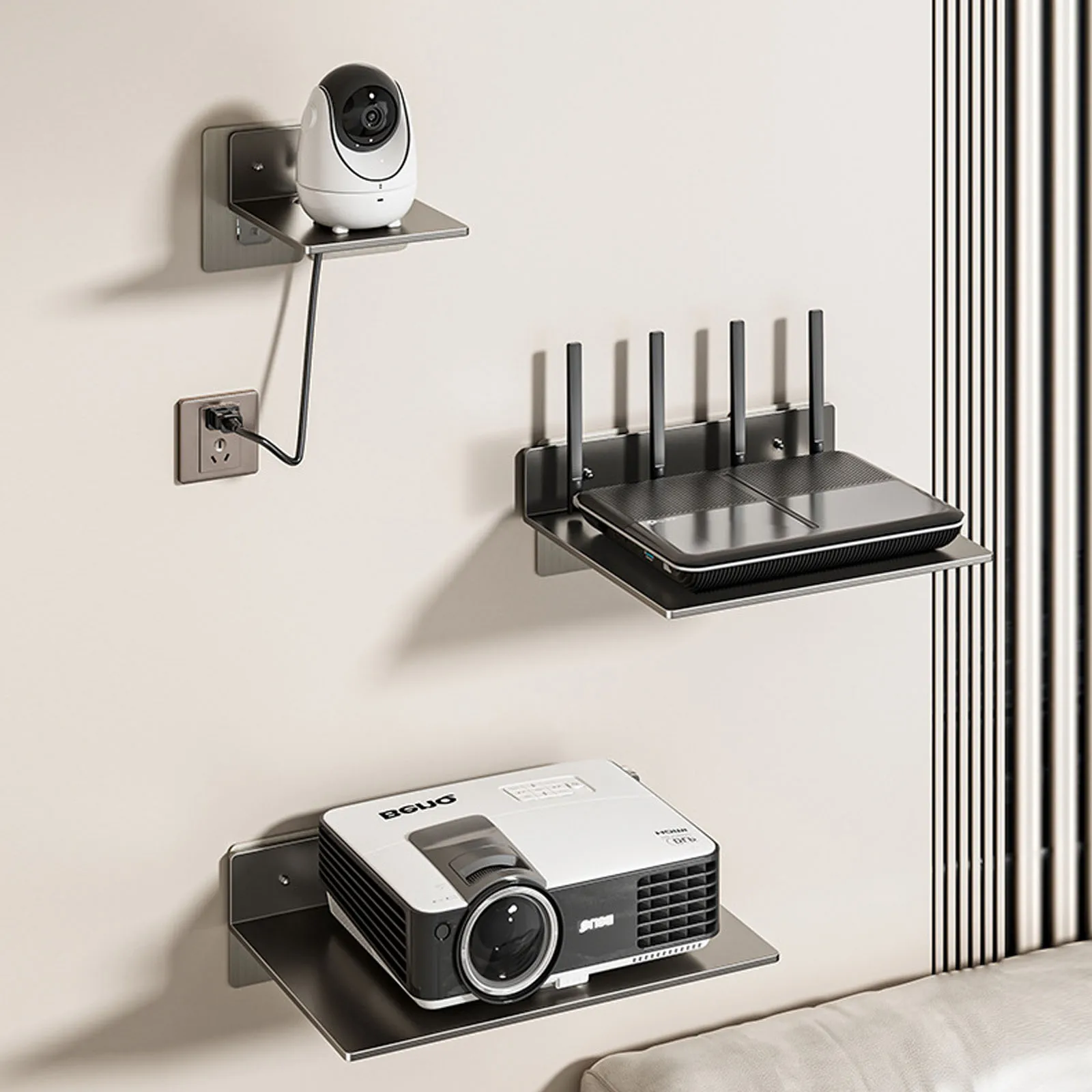 

Wall Mounted Shelf Storage Rack with Routing Hole Punch-Free Phone Holder Wifi Router Storage Tray Bathroom Organizer