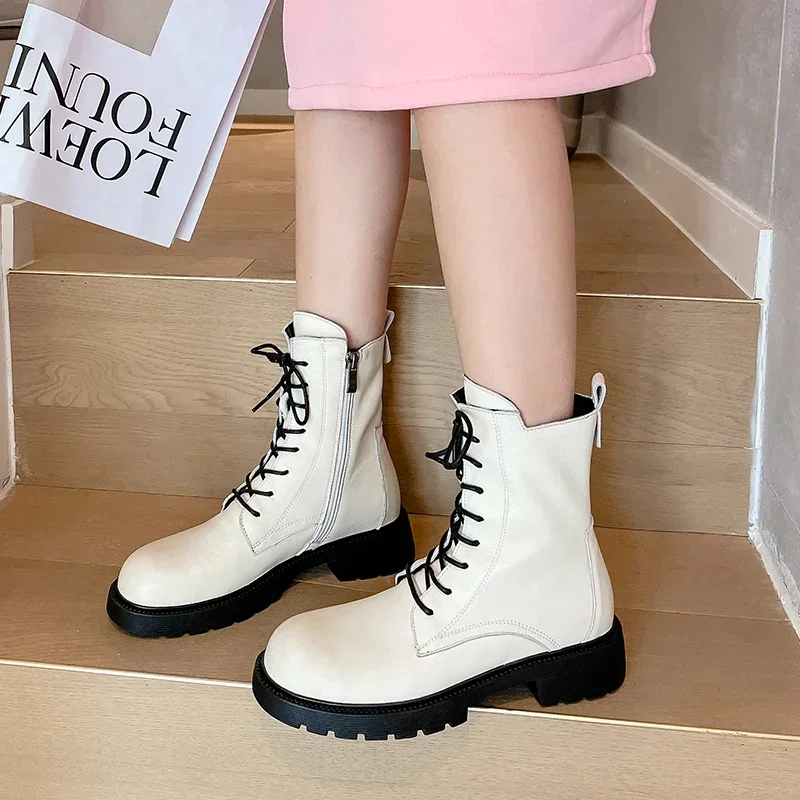 YATAGODY Size 33-41 Women Ankle Boots Real Leather Winter 2023 Thick Heels Shoes Woman Ins Fashion Platform Boot Short Booties