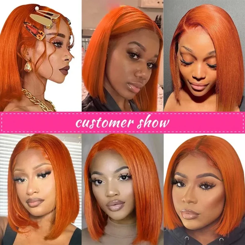 Perruque Bob Lace Front Wig naturelle brésilienne Remy, cheveux courts lisses, ombré, couleur orange, 180% de densité, pour femmes