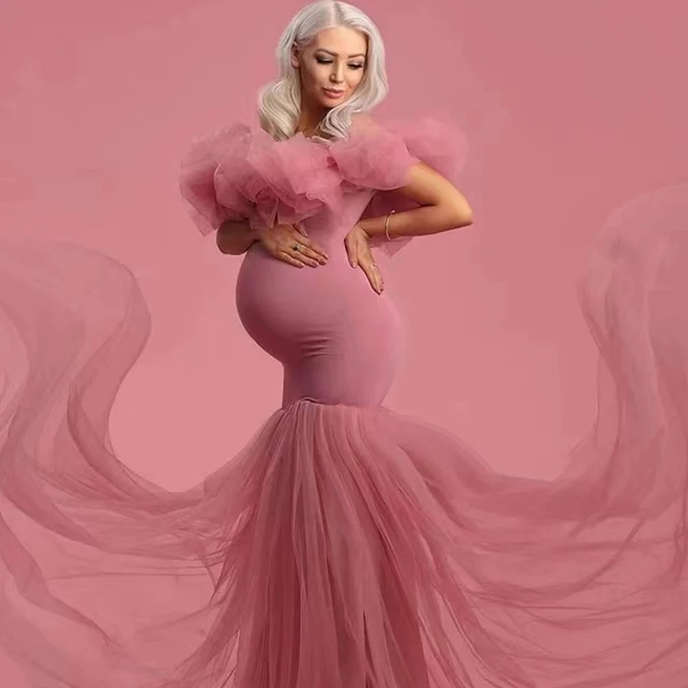 Maternity Photoshoot Dresses Mermaid Dress Off Shoulder Tulle Lace Stretch Fabric Prom Gown Photo Shoot Pregnancy Clothes