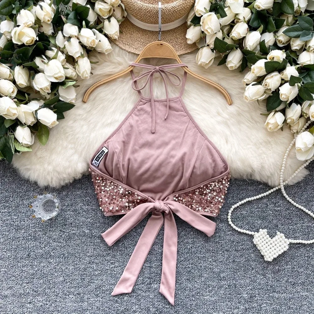 Women Chic Glitter halter PATCHWORK slip Camis Tank Top Basic Sexy Fashion Strap straps Off Shoulder Summer Women Crop Top