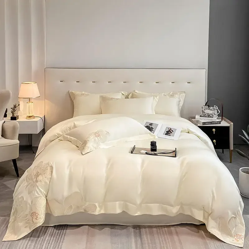 

Modern Art Bedding Set Luxury Egyptian Cotton Floral Embroidered Solid Color Duvet Cover Flat/Fitted Bed Sheet Pillowcases