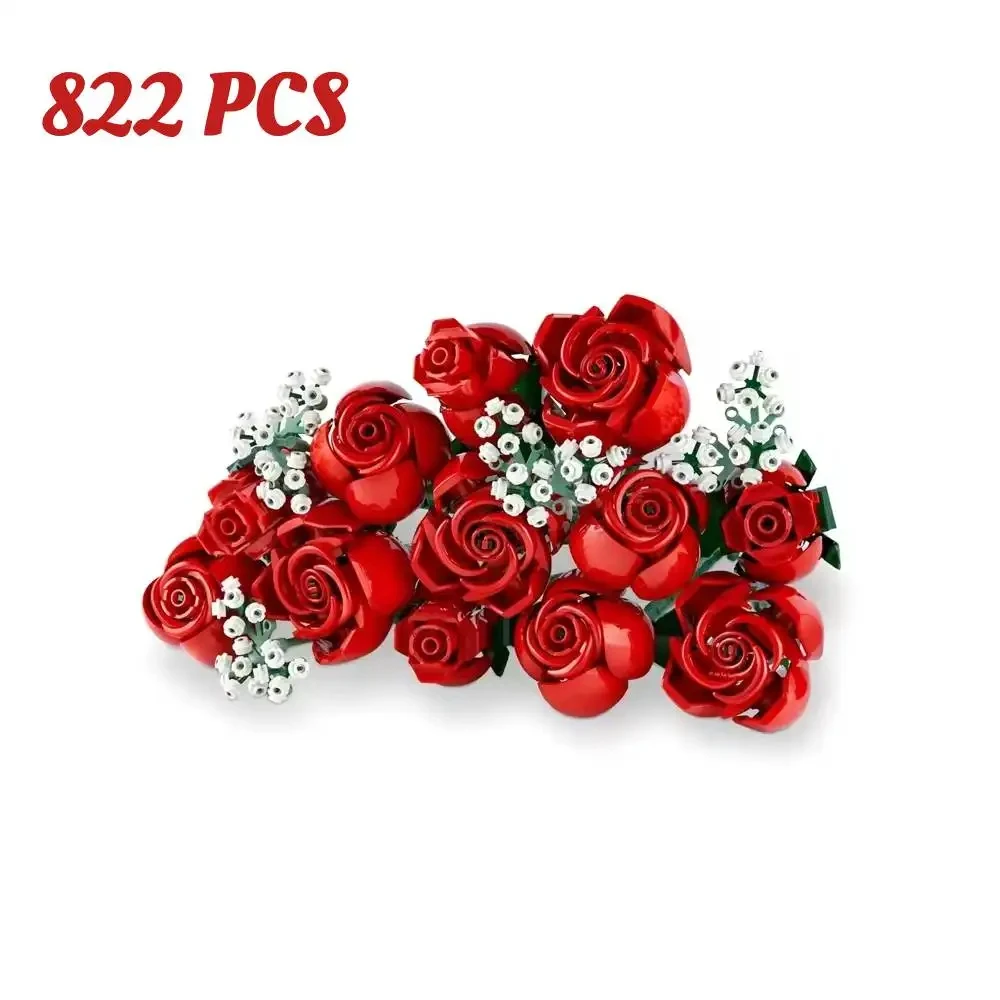 

New 822 Pcs Romantic Rose Bouquet Home Decoration Building Blocks Creative Plant Series Valentine's Day Christmas Gift