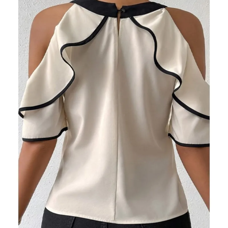 Short Sleeve Top Shirts Shirt Blouses Blouse For Woman Casual Fresh And Sweet Contrast Bowknot Off Shoulder Ruffles Simple Style