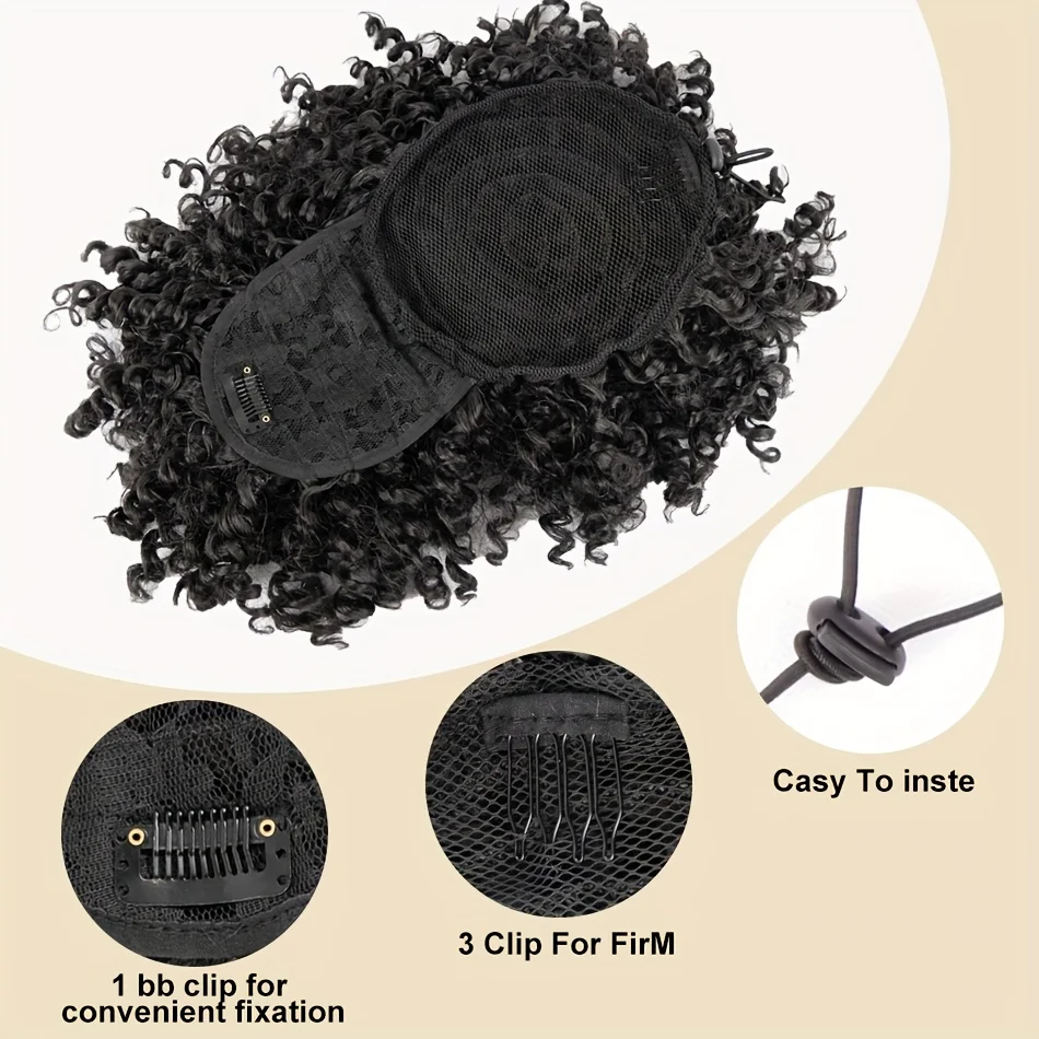 アフロパフドローストリングポニーテール、前髪付きポニーテール、女性用縮れ毛カーリーヘアクリップイン前髪、ショートポニーテールエクステンション、アップヘアピ