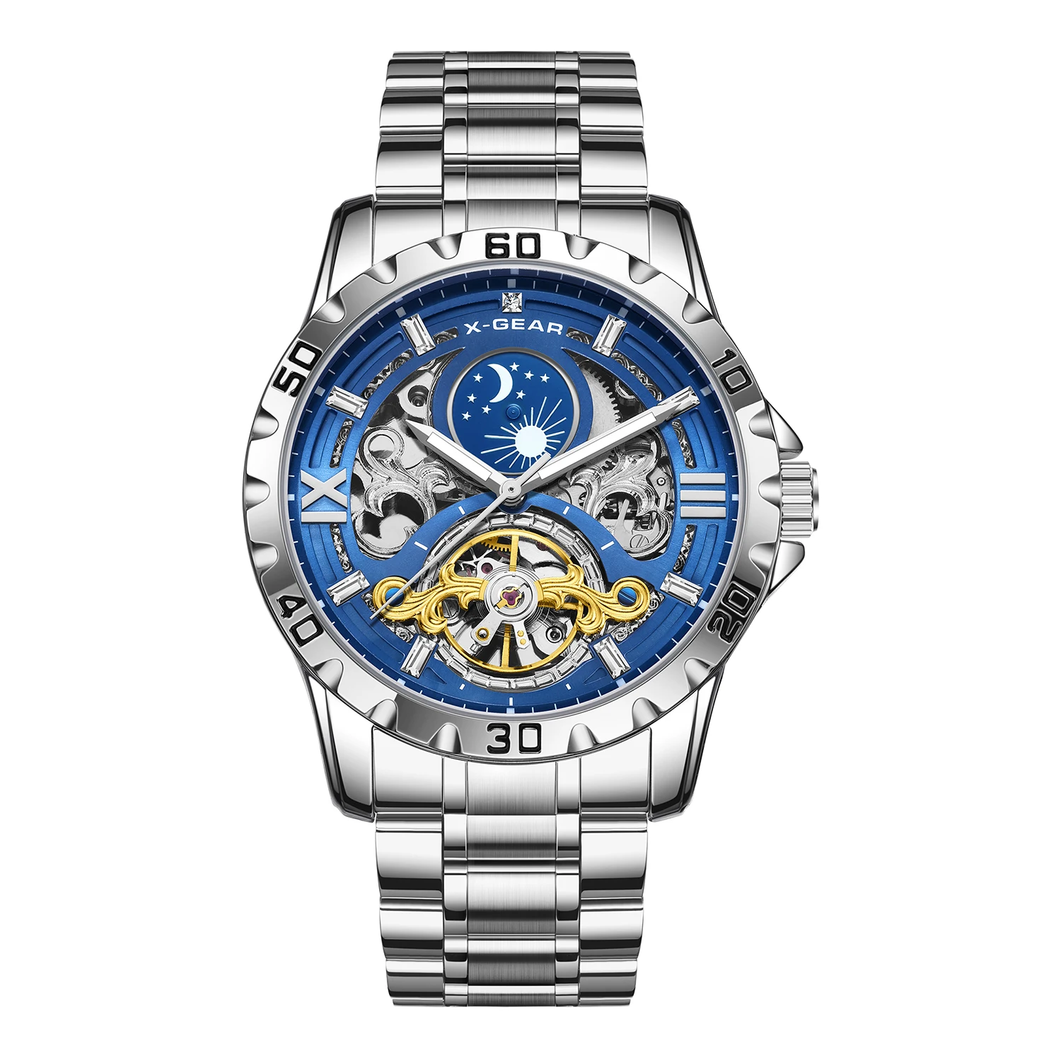 X-GEAR Tourbillon Automatic Mechanical Wristwatch Skeleton Starry Sky Moon Phase Luminous Stainless Steel Mechanical Watch