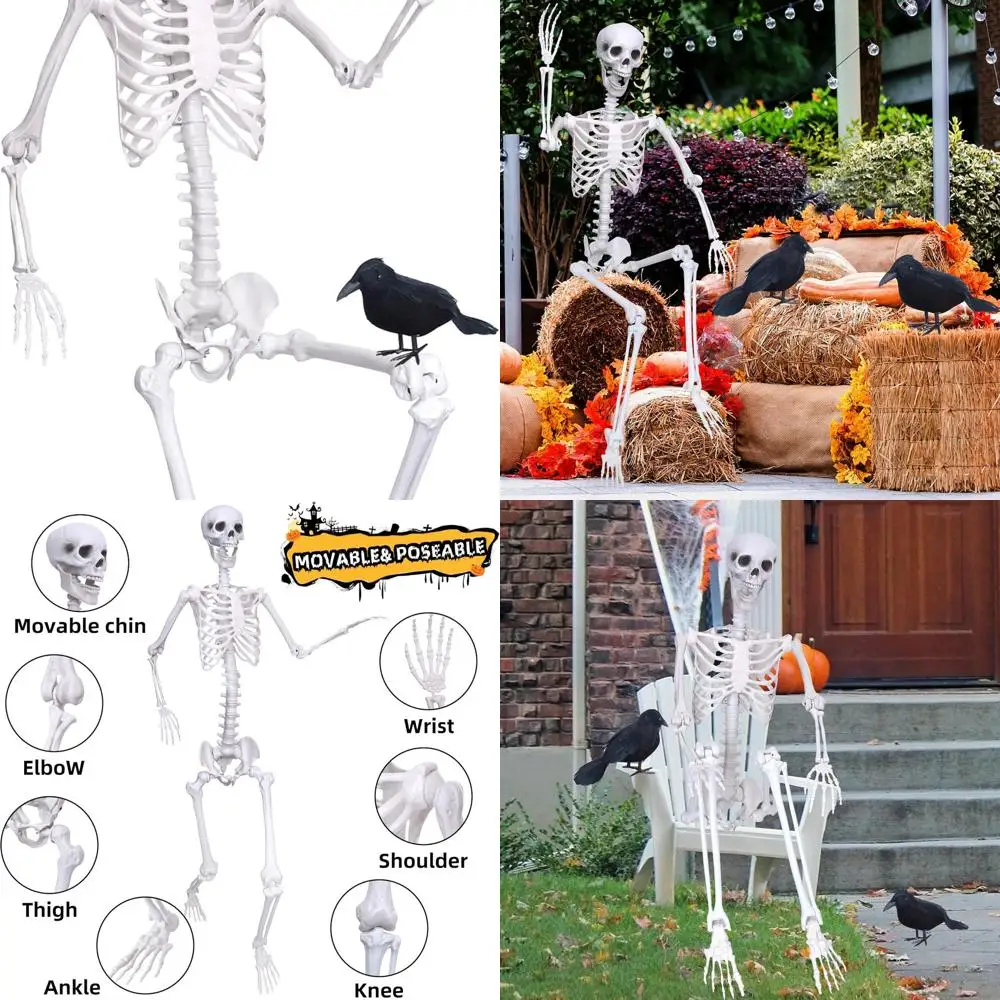 

Позитивный скелет в натуральную величину высотой 6 футов для декора Хэллоуина, с подвижными суставами и 2 черными воронами