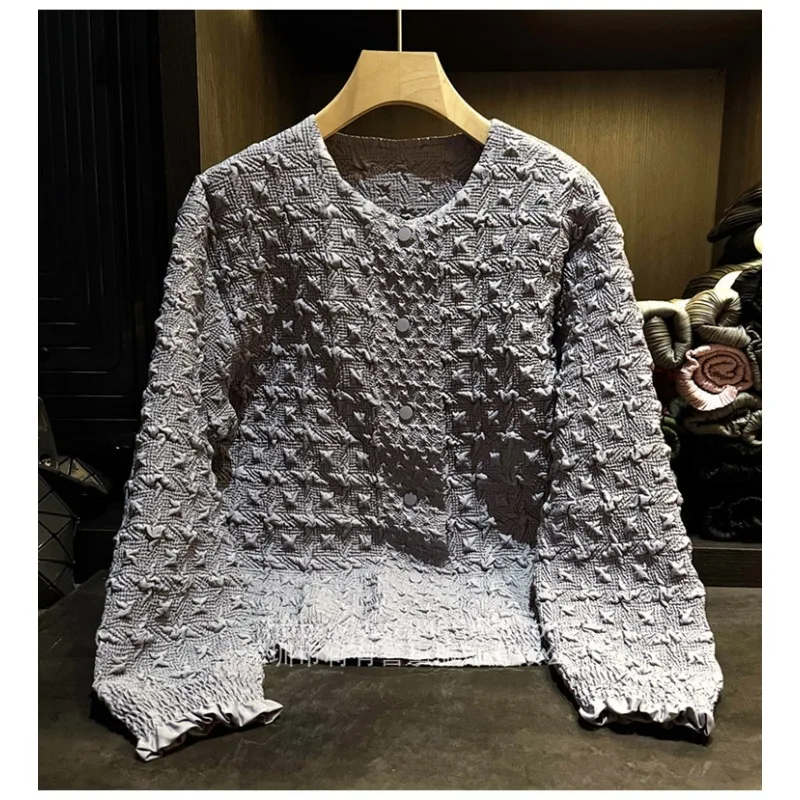 

Miyake Pleated Jacket Women 2025 Senior Sense Pleat Solid Round Neck Jacket Women's Autumn Casual Simple Large Size Cardigan