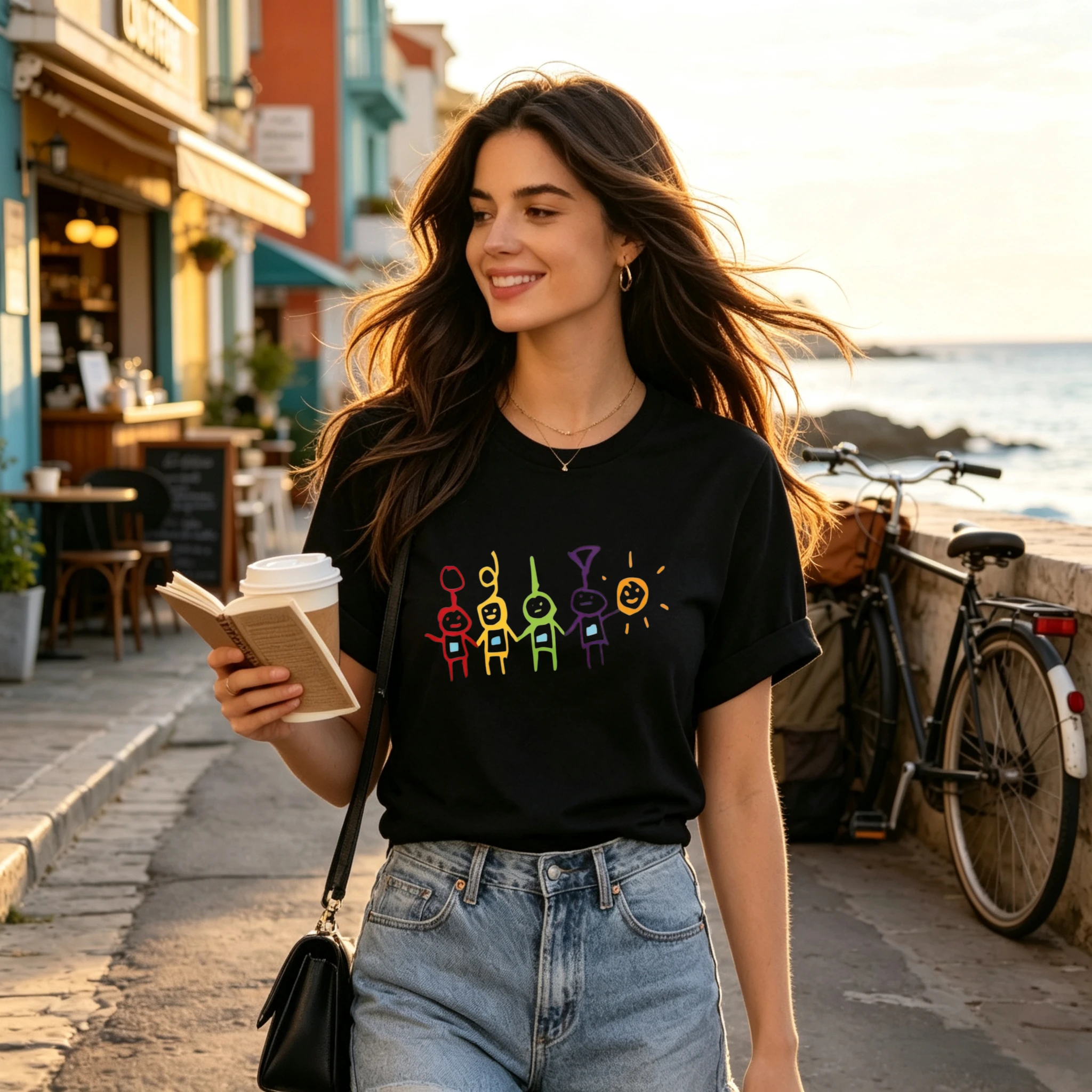 Cute Hand Drawn Cartoon Figures Sun Graphic T Shirt Unisex Crew Neck Short Sleeve Casual Tops Colorful Retro Fun Art Tees Unique