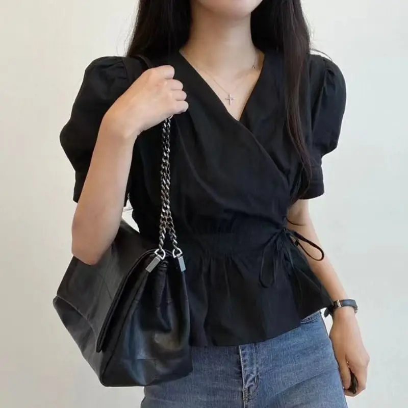 Shirts Women V-neck Lace-up Short Sleeve Flattering Waist Solid Minimalist Trendy Designed Summer All-match Korean Style Blouse