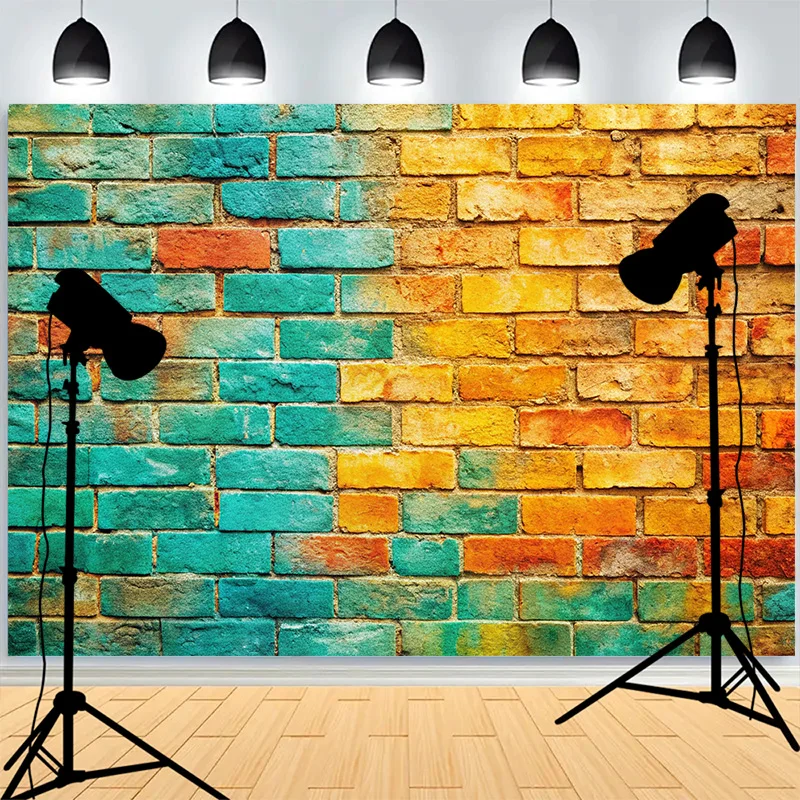 

Graffitistyle Rainbow Painted Brick Wall Background Damaged Rustic Texture Vibrant Grunge Photography Backdrops BK-13