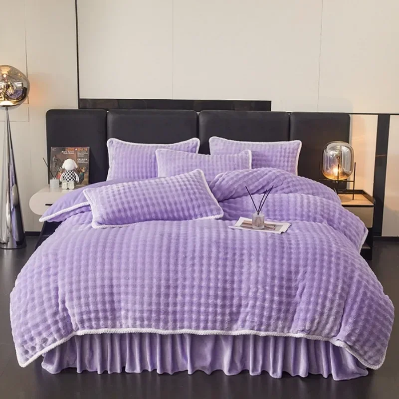 2024 new solid color small bubble milk fleece winter thickened warm rabbit hair bed skirt four-piece set