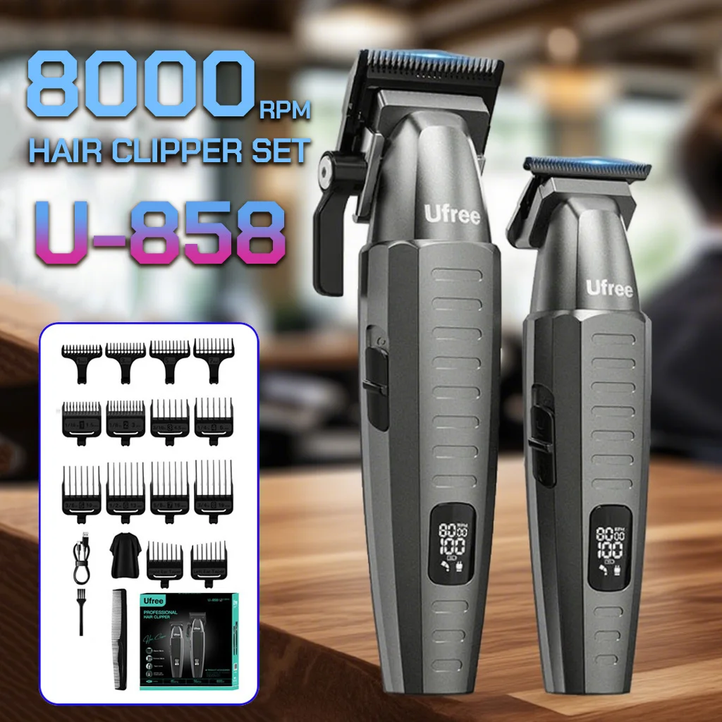 

Профессиональная НОВАЯ машинка для стрижки волос 2025 U-858 8000 об/мин 7500 об/мин с высоким двигателем, электрический триммер, лезвие DLC, светодиодный дисплей