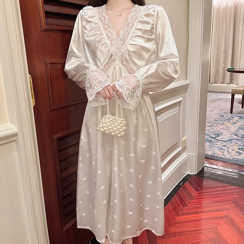 Women Sweet Long Sleeve Nightdress Sexy Patchwork Lace V-neck Nightgown Sleepwear French Court Style Satin Home Dress Loungewear