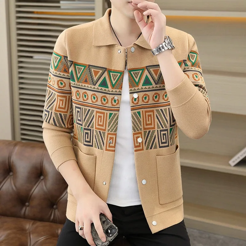 Men Loose Sweater Cardigan Spring and Autumn Clothes 2024 New Fashion Jacquard Knitted Jacket Lapel Casual Coat Button Sweaters