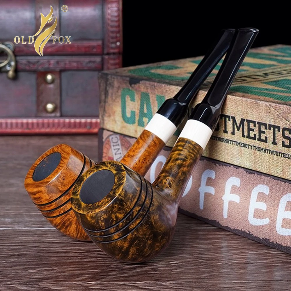 OLD FOX Hand Carved Briarwood Tobacco Pipe Pool Straight Handle Double Waist Design Fathers Day Gift Set With Cleaning Kit