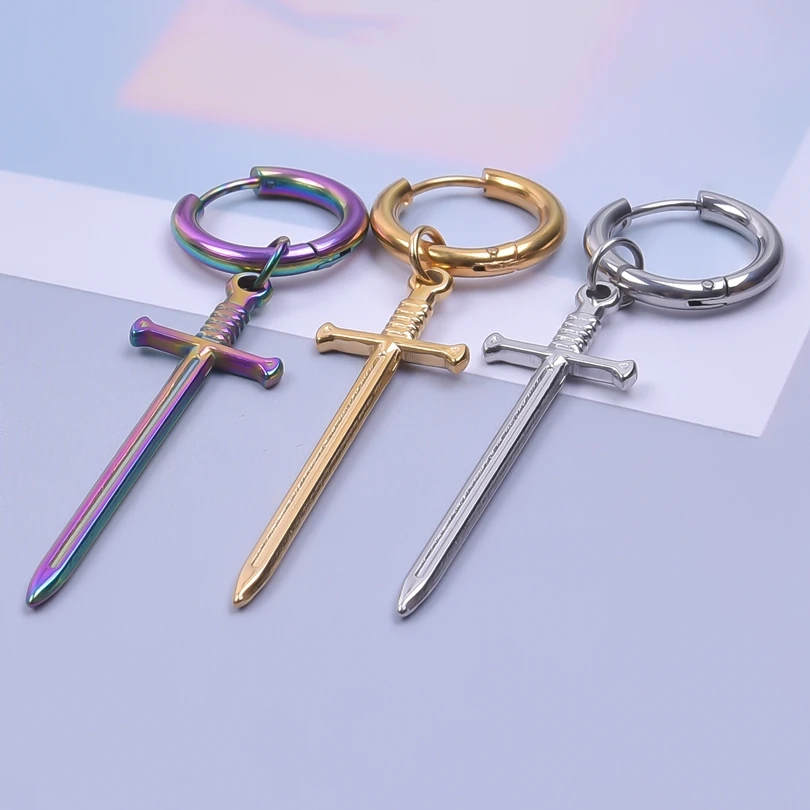 The Sword Earrings For Women/Men Accessories Vintage Jewelry Stainless Steel Hoop Ear Piercing Sabre Charm Goth Pendientes Gifts