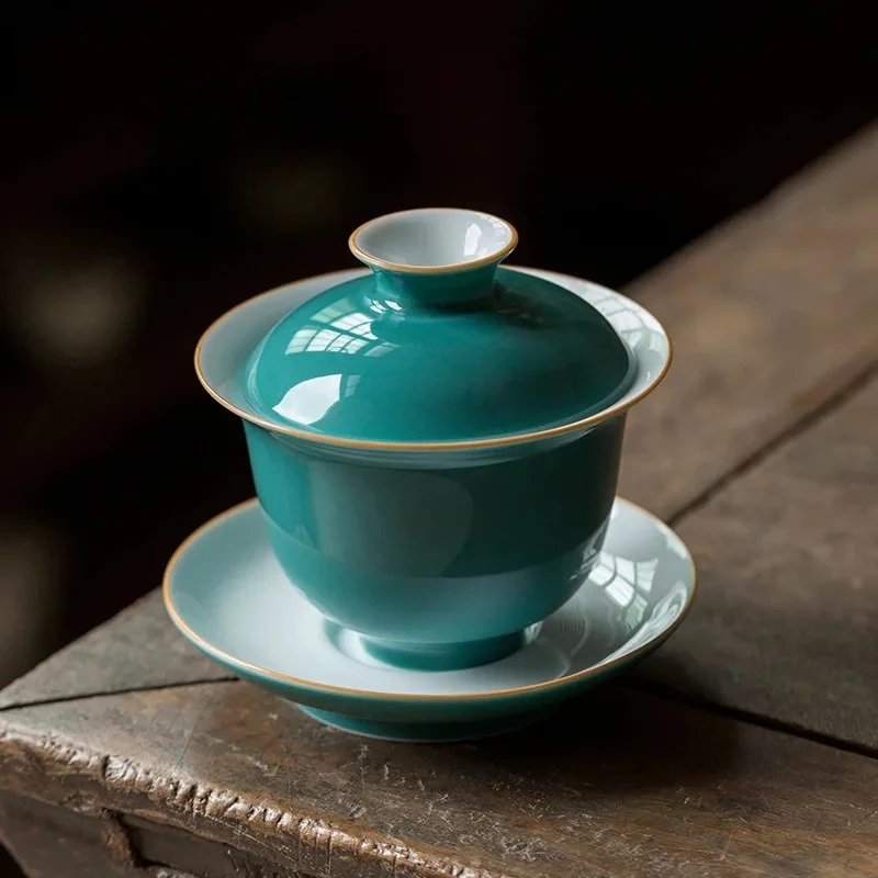 

160ml Handmade Turquoise Green Glaze Tea Tureen Jingdezhen Ceramic Large Hand Grab Bow with Lid Tea Maker Gaiwan Kung Fu Tea Set