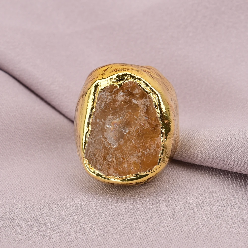 G-G Natural Yellow Citrine Quartz Crystal Rings Gold Plated Edge Stone Resizable Ring Lady Jewelry Gifts