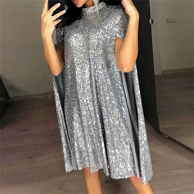 Summer Women's Fashion Cloak Dress Stand Collar Slit Sequin Decoration Comfortable Casual Simple Elegant All-match Commute Dress