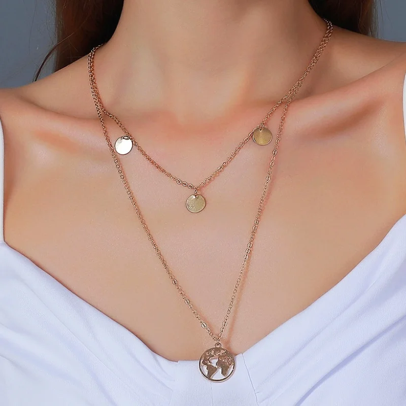 Punk Fashion Popular New Necklace Temperament Personality Street Shooting Round World Map Double Woman Necklace Wholesale