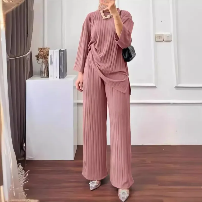 

Autumn Winter New Women's Long Sleeved Top Wide Leg Pants Set Solid Color Casual Sportswear 2-piece Set Conjuntos De Pantalones