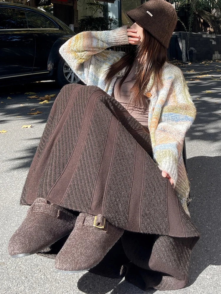 SMTHMA جديد الخريف الشتاء فرو المنك تقسم محبوك تنورة للنساء لينة عالية الخصر ألف خط كبير سوينغ متماسكة تنورة طويلة