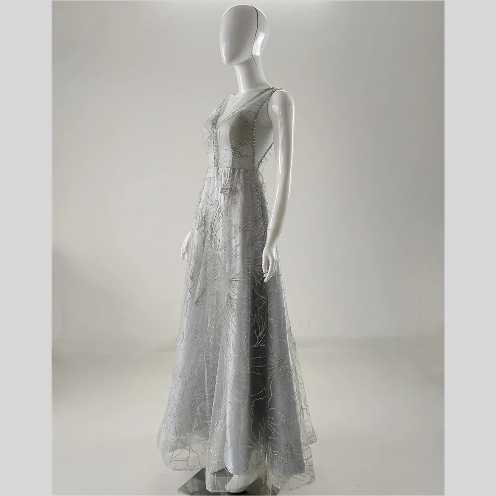 It's yiiya Customized Real Photo Evening Dress Gray Beads Transparent Sleeveless A-line Floor Length Women Party Formal Gowns