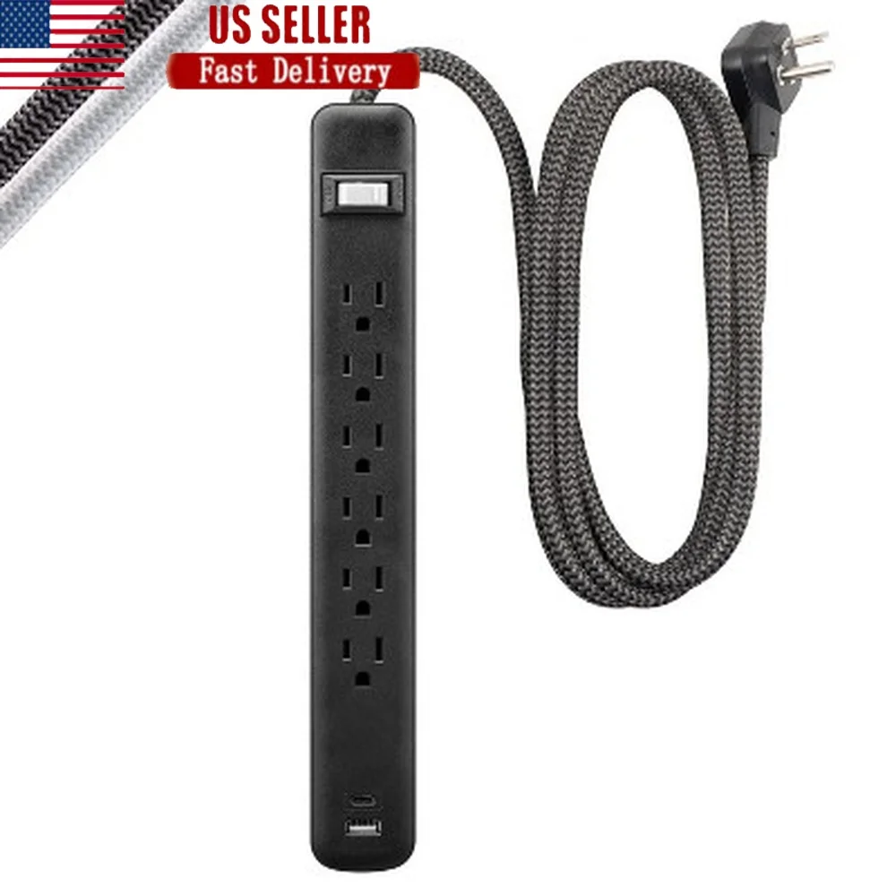 

Удлинитель с 6 выходами и портами USB-A USB-C, 15 Вт, 6 футов, плетеный шнур, автоматический выключатель, электроника защиты от перенапряжений в списке ETL