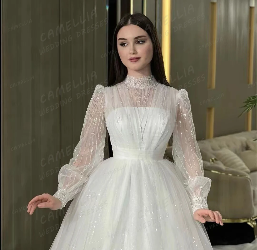 Mulheres elegantes vestidos de casamento com gola alta, linha, manga comprida, vestidos de noiva, sexy, purpurina, lantejoulas, princesa festa