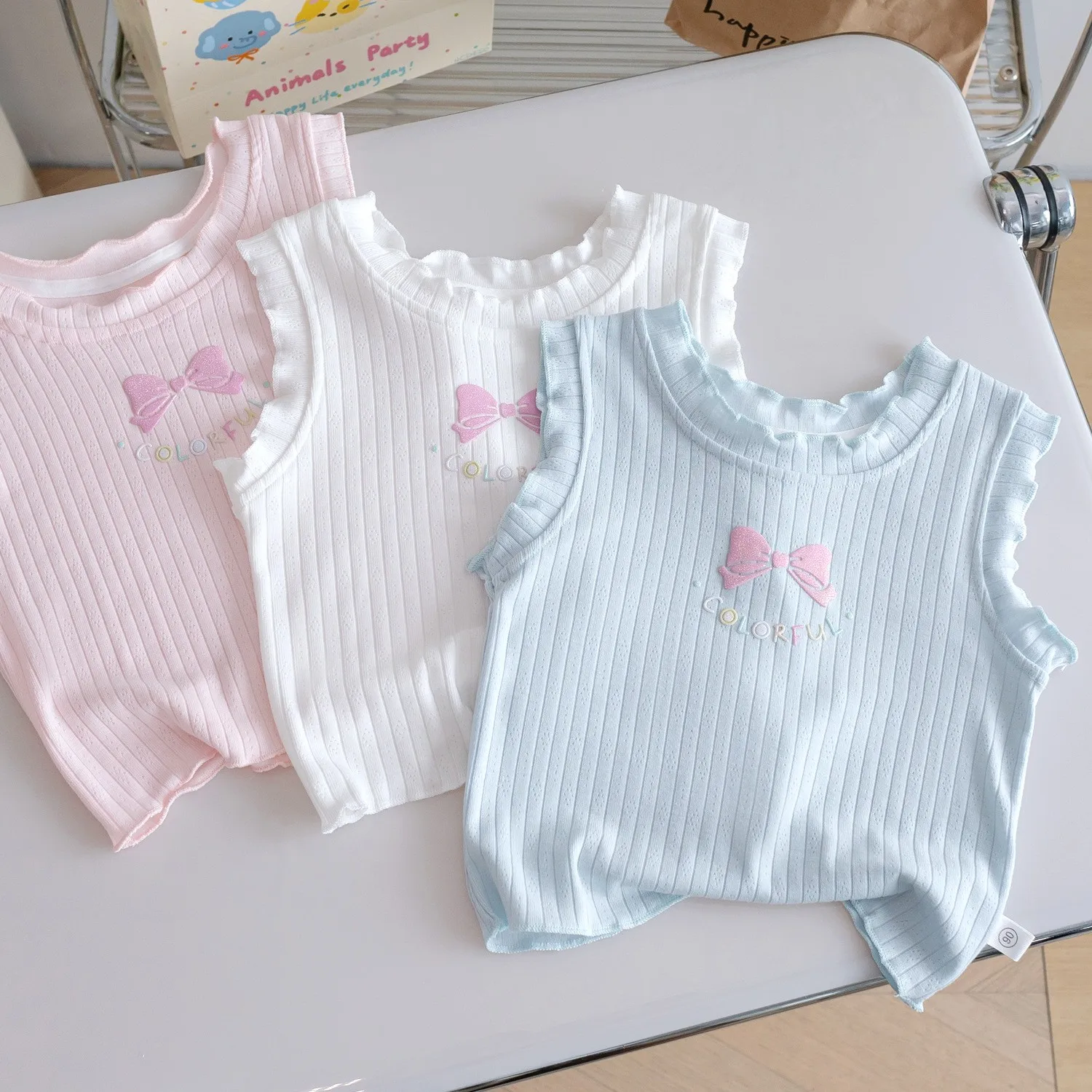 

Girls Cartoon lace trim vest summer Clothing bowknot sleeveless T-shirt candy color outerwear top