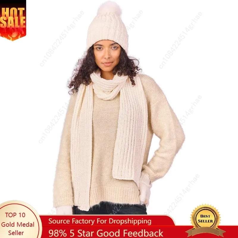 

Womens Chenille Hat Gloves Scarf Set Winter Knit Touch Screen Gloves Warm Beanie with Gift Box