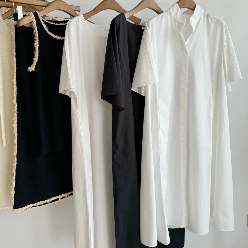 Vestido de popelina de algodón blanco importado, vestido camisero de manga media con cuello levantado para mujer