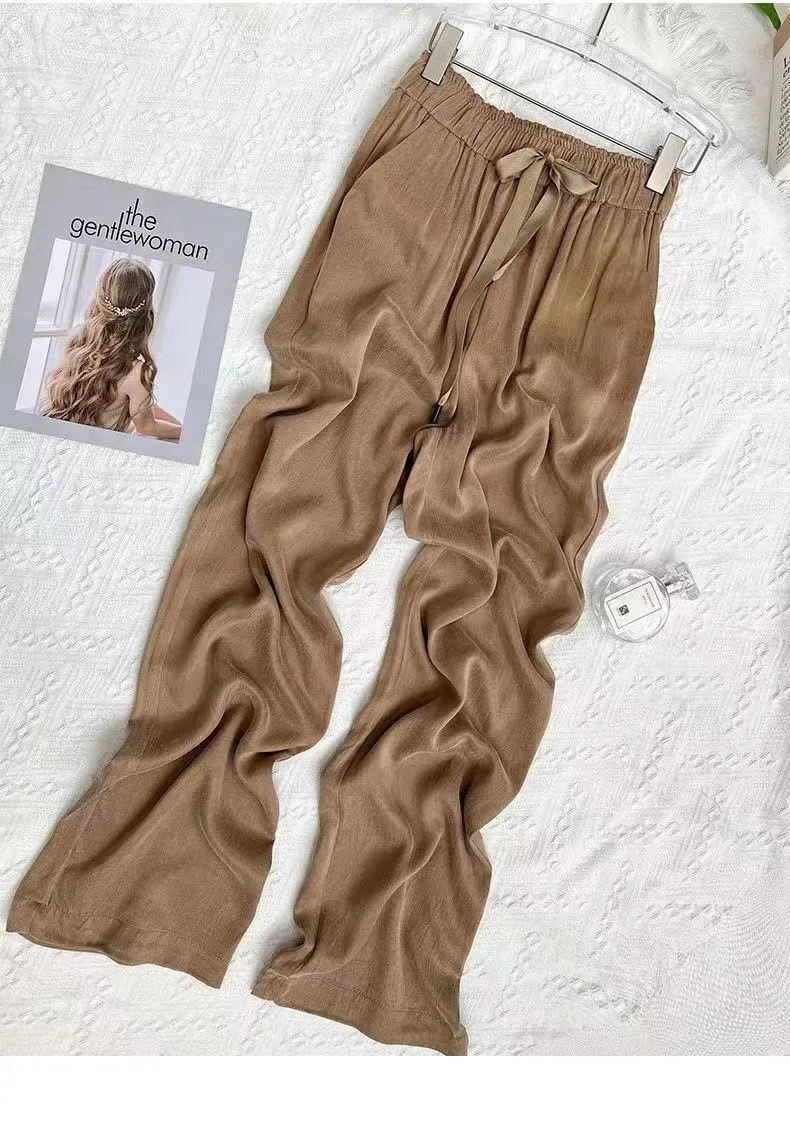Acetic Acid Ice Silk Wide Leg Pants 2025 New Summer Thin Satin Casual Pants Women's High Waisted Straight Leg Pants Long Trouser