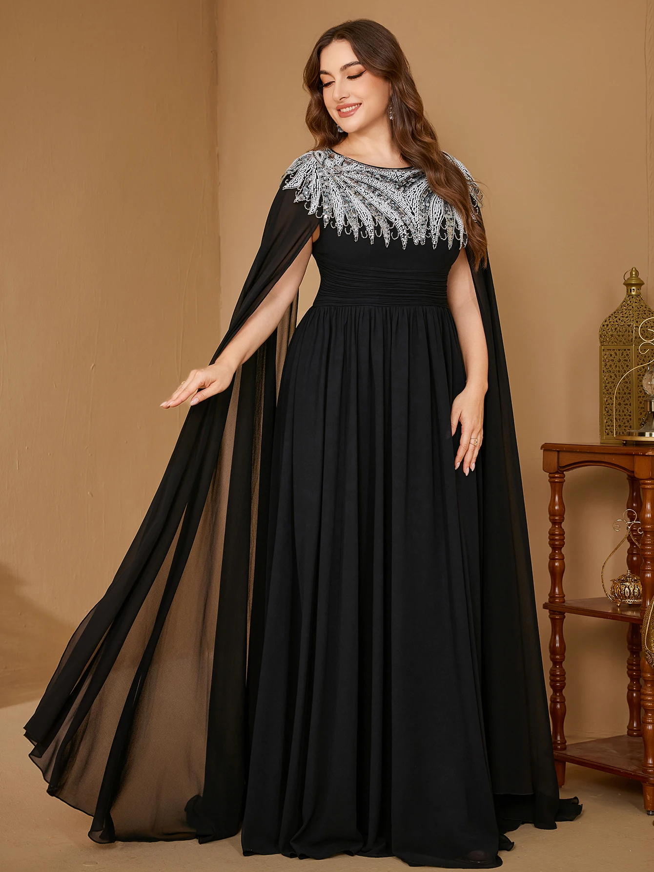 UNITHORSE Plus المرأة جولة الرقبة العائمة قطعة كم الترتر الخرز المرقعة Ruched الشيفون فستان السهرة