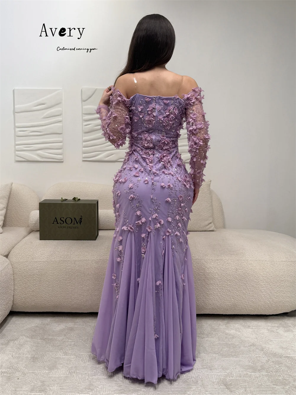 Avery personalizado fishtail 3d flor querida fora do ombro vestidos de noite femininos de luxo vestido de baile vestido de baile 2025